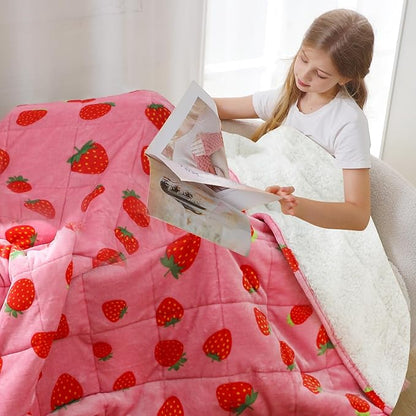 Aemicion Strawberry Pink Weighted Blanket for Kids Gilrs,Cozy Sherpa Fleece Heavy Blanket 10lbs,48"x72" Twin Size Weighted Throw Blanket, Machine Washable