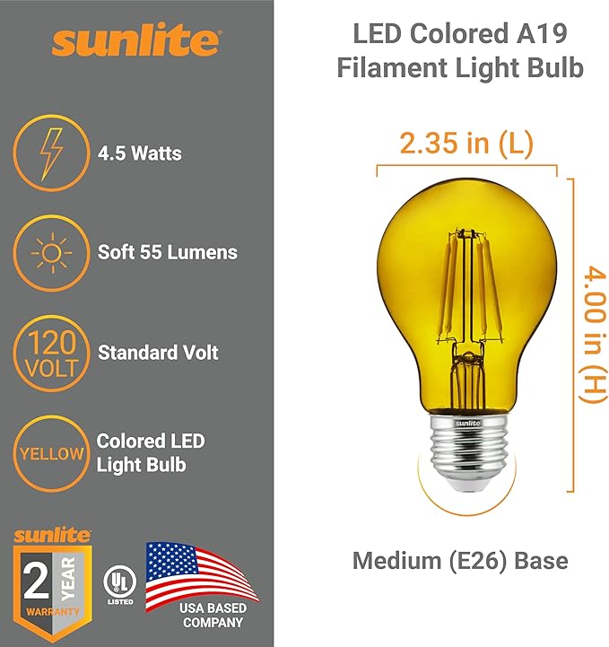 Sunlite 40942 LED Colored Filament A19 Light Bulb, 4.5 Watts, Medium E26 Base, 120 Volts, Transparent Yellow, Dimmable, 320 Degree Beam Angle, UL Listed, 6 Count