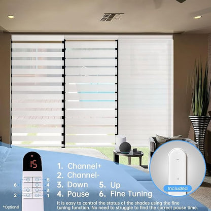 Motorized Zebra Blinds with Remote, Smart Dual Layer Automatic Shades with Privacy Light Control, Cordless Electric Blackout Blind for Indoor Windows, White, 46" W x 72" H