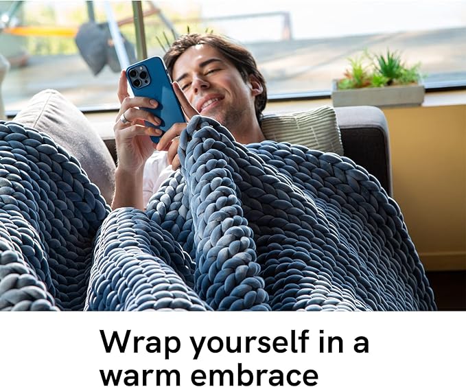 YnM Velvet Weighted Blanket, Handmade Chunky Knitted Design, Soft and Cozy, Temperature Regulating and Breathable, Machine Washable Throw for Sleep or Home Decor (Blue, 80x87 Inch, 25lbs)