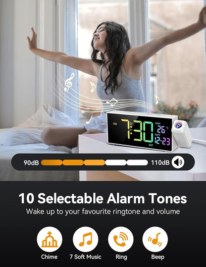 Netzu Projection Clock for Bedroom Ceiling, Alarm Clocks with 180° Rotatable Projector, Date Temperature and Weekday, Manual DST, 5 Brightness, 10 Ringtones, 4 Volumes (White RGB)