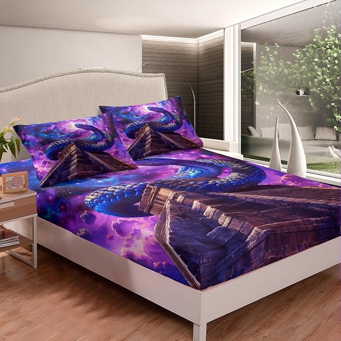 Snake Western Fitted Sheet Twin Size,Starry Sky Galaxy Nebula Dreamy Bedding Set,Boys Girls Room Decor,Noble Reptile Animal Egypt Vintage Bed Cover,Purple Romantic Bed Sheet,1 Pillowcase