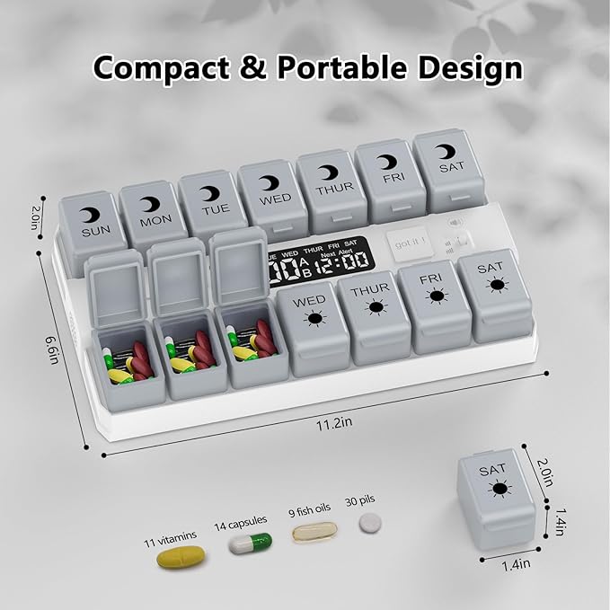 Weekly Pill Organizer with Alarms System, Removable Silicone Pill Box 7 Day 2 Time, Large Size Pill Case for Home and Travel, Secure Magnetic Base, Waterproof & Moisture Resistant (Gray)