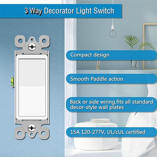 Greencycle 3 Way Light Switch,Three Way Single Pole Switches, 15A 120-277V Rocker Paddle Wall Switch,On Off Switches, Self-Grounding, UL Certified,Residential and Commercial Grade,White,2PK