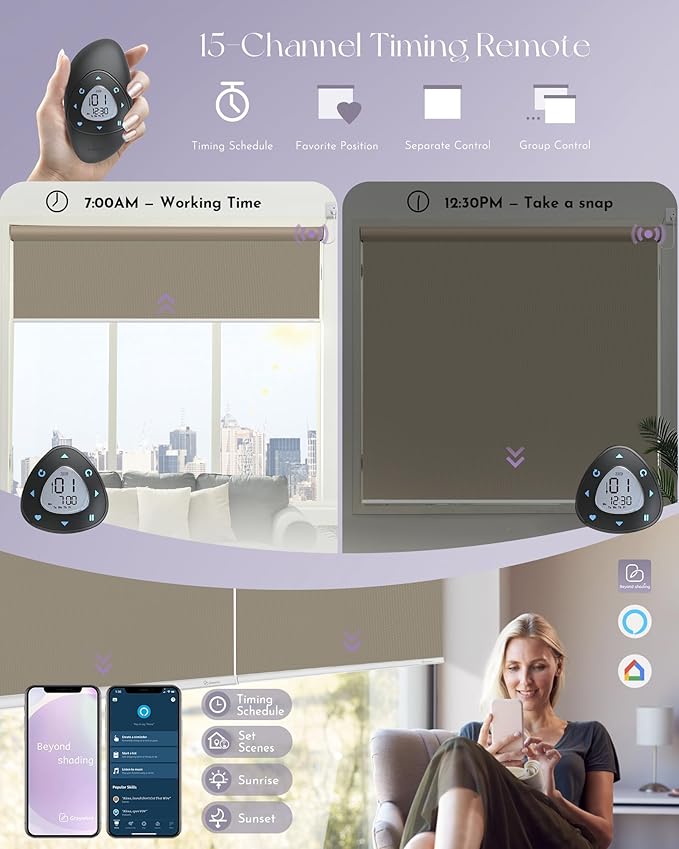 Graywind Motorized Roller Shade 100% Blackout Compatible with Alexa Google Waterproof Vinyl Fabric Remote Control Hardwired Window Shades Window Blinds, Customized Size (Coffee)