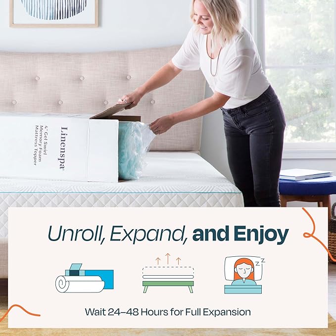 Linenspa 3 Inch Swirl Gel Memory Foam Mattress Topper, Queen Size – Cooling Gel Infused, Ventilation Holes – Pressure Relieving Bed Topper – CertiPUR Certified