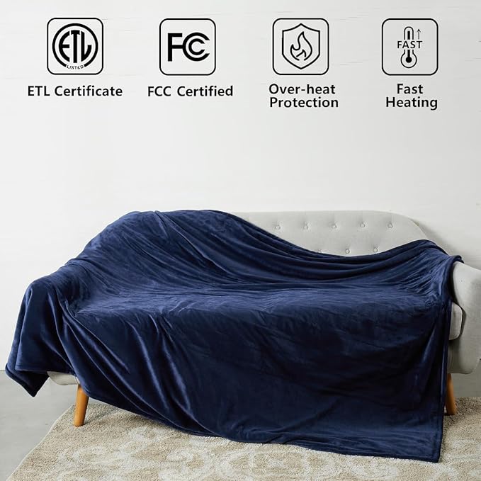 Tefici Electric Heated Blanket Twin,Super Cozy Soft 2-Layer Flannel 62" x 84" Heated Twin Size with 3 Heating Levels 8 Hours Auto Off, Machine Washable, ETL and FCC Certified, Home Office Use, Blue