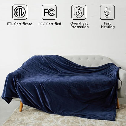 Tefici Electric Heated Blanket Twin,Super Cozy Soft 2-Layer Flannel 62" x 84" Heated Twin Size with 3 Heating Levels 8 Hours Auto Off, Machine Washable, ETL and FCC Certified, Home Office Use, Blue