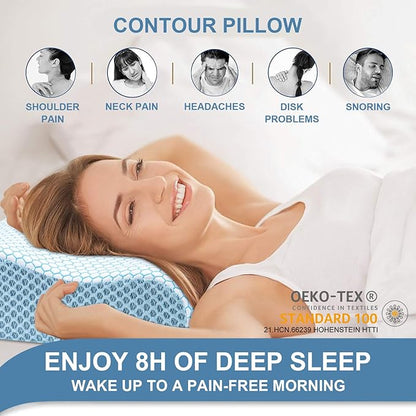Anvo Memory Foam Pillow, Neck Contour Cervical Orthopedic Bed Pillow for Sleeping Side Back Stomach Sleeper, Ergonomic Design for Neck and Shoulder Pain Relief, Cyan, Firm