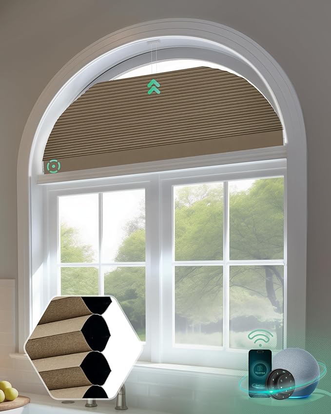 Yoolax Smart Cellular Shades, Motorized Arch Window Honeycomb Blinds Motorized Blinds with Remote Compatible with Alexa, Customized Arched Cellular Shades (Blackout Brown)