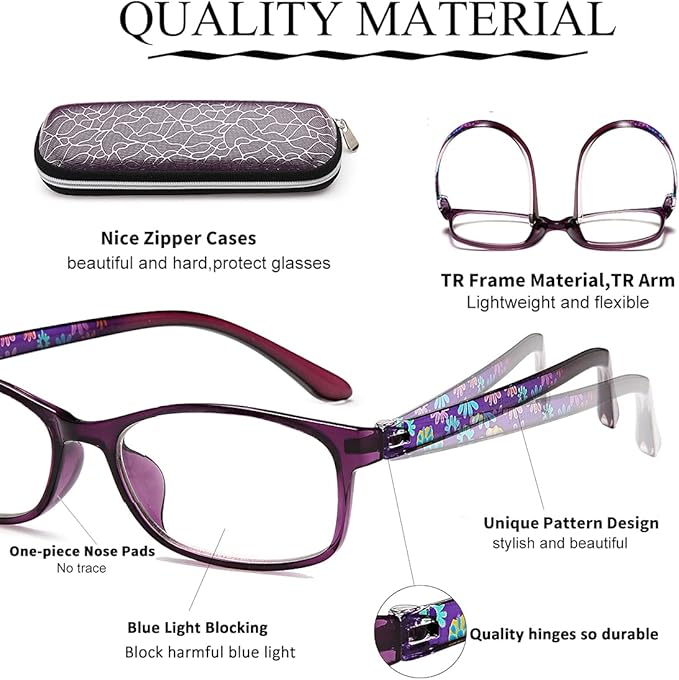 EYEURL Reading Glasses Women Blue Light Blocking - Set of 2 Pattern Design Computer Readers (Red+Purple, 3.0)
