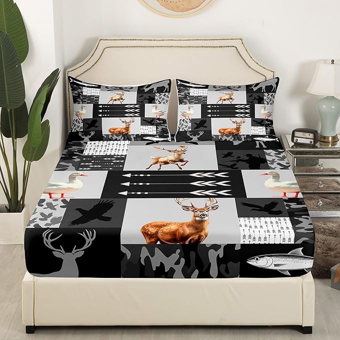 Hunt Deer Kids Fitted Sheet Twin Size,Geometric Arrows Camo Plaids Bedding Set,Boys Girls Room Decor,Duck Bass Fish Marine Life Cabin Animal Rustic Bed Cover,Grey Bed Sheet,1 Pillowcase,No Top Sheet