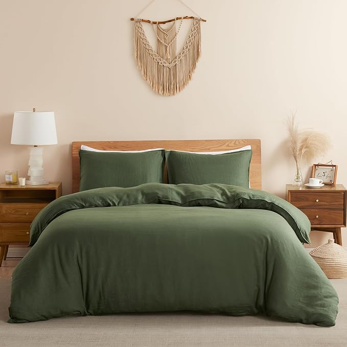 DAPU 100% Linen Duvet Cover Twin 2PCs, Pure Natural French Flax Linen Duvet Cover King 68"x90" with Corner Ties and Zipper Closure, Soft Breathable Durable for Hot Sleepers (Olive Green, Twin)