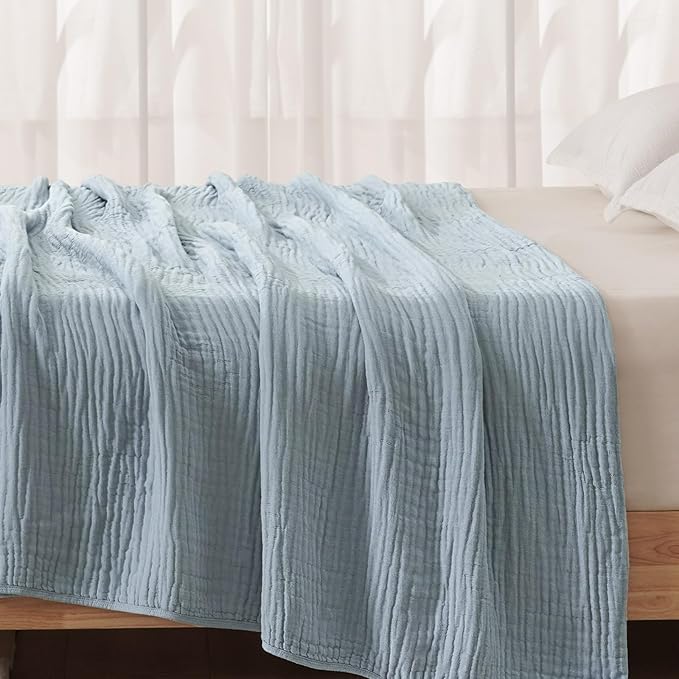 PHF Cooling Muslin Blanket King Size 104"x80", 6-Layer Lightweight Gauze Blanket Made from 35% Rayon Derived from Bamboo & 65% Cotton, Breathable & Ultra Soft Cozy for Hot Sleepers, Dusty Blue