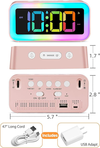 Cadmos Cute Pink Loud Alarm Clock with RGB Night Light - Perfect for Girls Room Decor and Kawaii Gifts, Small Size for Bedside or Desk Lamp in Bedrooms, Ideal for Kids, Teens (Light Pink)