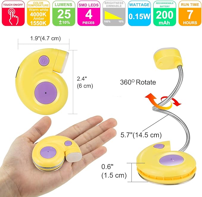 Kids Rechargeable Book Light, Clip on Reading Light for Kid, Kids Reading Lights, Amber Book Light for Reading in Bed, 2 Lighting Modes, Blue Light Blocking, Bookmark Light for Bookworms-Yellow