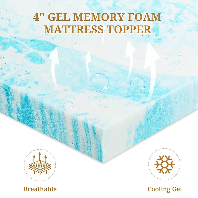 Mattress Topper California King, 4 Inch Gel Infused Memory Foam Mattress Topper, Pressure Relief, Mattress Pad, Breathable Bed Topper, CertiPUR-US Certified
