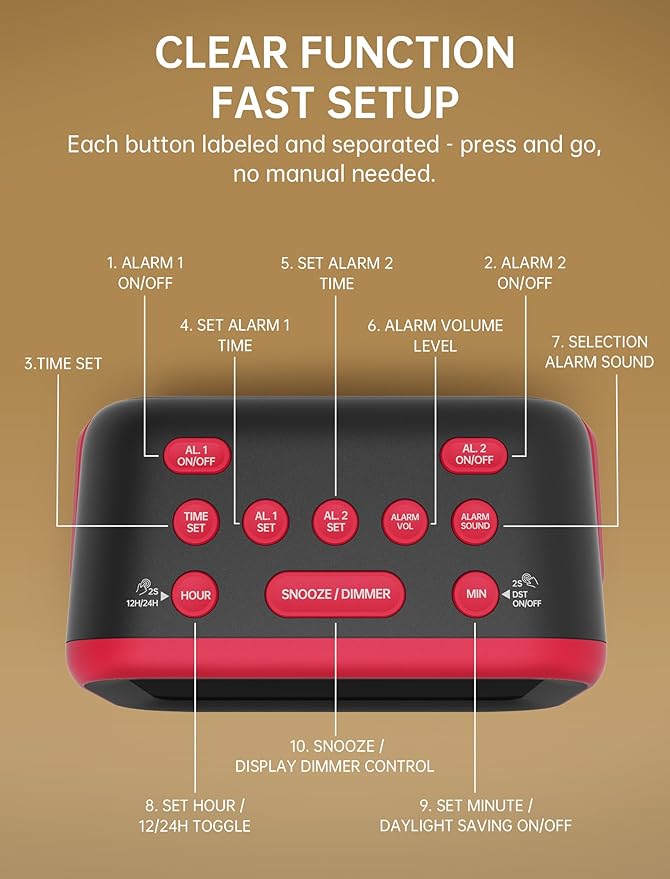 Loud Alarm Clock for Heavy Sleepers: 115dB Dual Alarms with 6 Unique Sounds for Bedroom Dorm Room Use - On-Time Wake Up for Teen College Students - Red