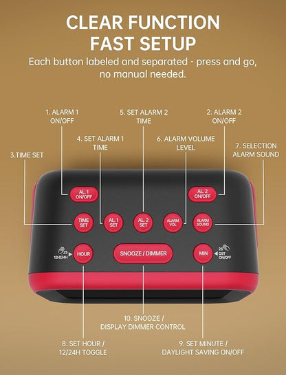 Loud Alarm Clock for Heavy Sleepers: 115dB Dual Alarms with 6 Unique Sounds for Bedroom Dorm Room Use - On-Time Wake Up for Teen College Students - Red
