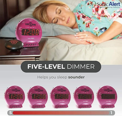 Sonic Alert Sonic Bomb Dual Alarm Clock with Bed Shaker, Pink Vibrating Alarm Clock Heavy Sleepers, Battery Backup | Wake with a Shake