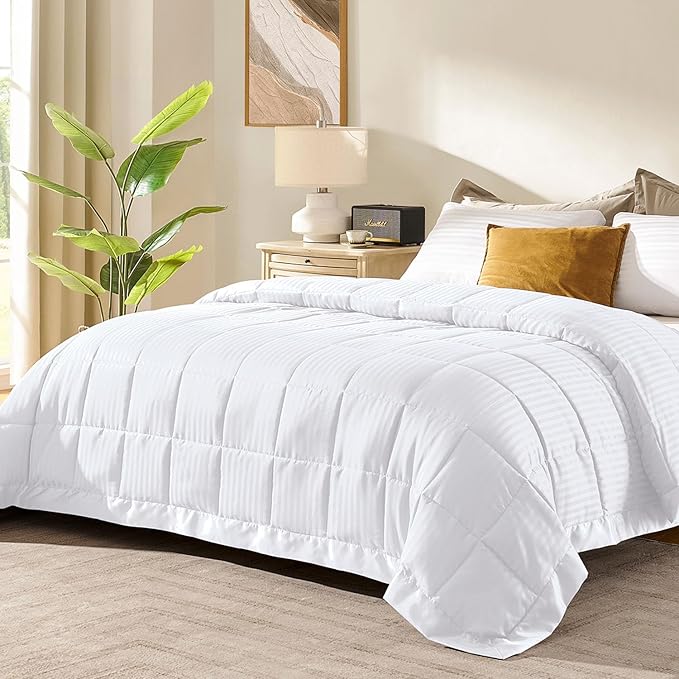 downluxe King Size Blanket with Satin Trim, Lightweight Down Alternative King Blanket for All Season, Machine Washable (White, 108 x 90 Inch)