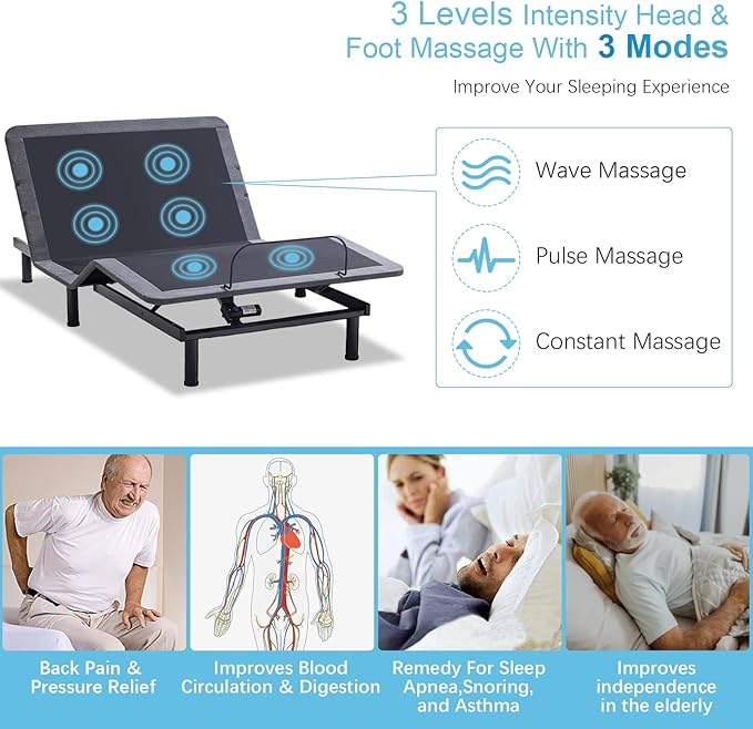 MUUEGM Adjustable Bed Frame Base Queen with Massage,Wireless Remote Control,Ergonomic Motorized Head and Foot Incline,Zero Gravity,Anti-Snore,USB Ports,Easy Assembly,LED Light,Memory Pre-Sets