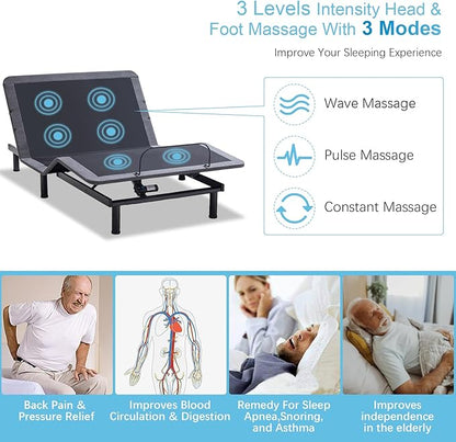 MUUEGM Adjustable Bed Frame Base Split King Massage,Wireless Remote Control,Ergonomic Upholstered Motorized Head Foot Incline,Zero Gravity,Anti-Snore,USB Ports,Easy Assembly,LED Light,Memory Pre-Sets