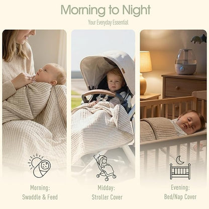 Ultra Soft Muslin Baby Blanket - Made with Organic Cotton, Gender Neutral Warm Coffee Striped Jacquard, Swaddle & Crib Quilt, 43x43 Inches (Horizon Dune)