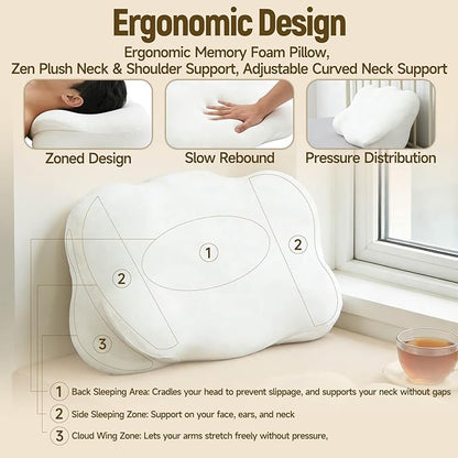 Cloud Pillow - Ergonomic Memory Foam Pillows, Zen Fluff Sleep Pillow with Neck & Shoulder Support, Adjustable Contour Neck Support for Side, Back, Stomach Sleepers, Breathable Anti-Wrinkle Pillowcase