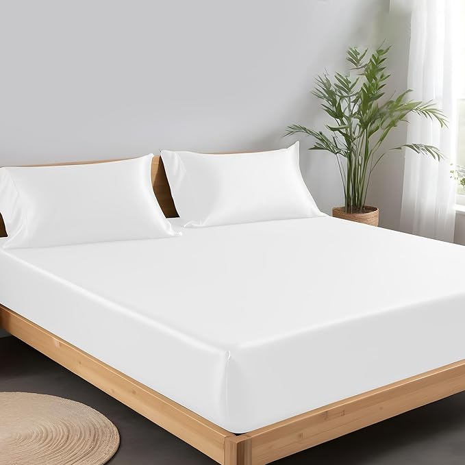 LINENWALAS Fitted Sheet Only Viscose Derived from Bamboo, Bottom Sheet for Full Size Bed – 16” Deep Pocket, All Around Snug Fit – Cooling, Breathable, Soft, Hypoallergenic (White, Full)