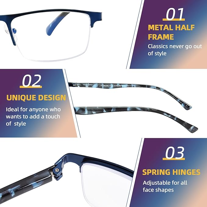 FONHCOO Reading Glasses for Women Men, Blue Light Blocking Reading Glasses Metal Half Frame Computer Readers Anti UV/Glare
