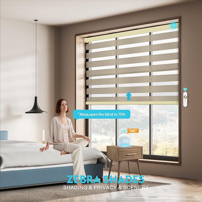 Motorized Zebra Blinds with Remote Smart Blind Work with Homekit Alexa SmartThings Electric Day and Night Shade Cordless Automatic Solar Powered Window Shade Customize(Starry Coffee)