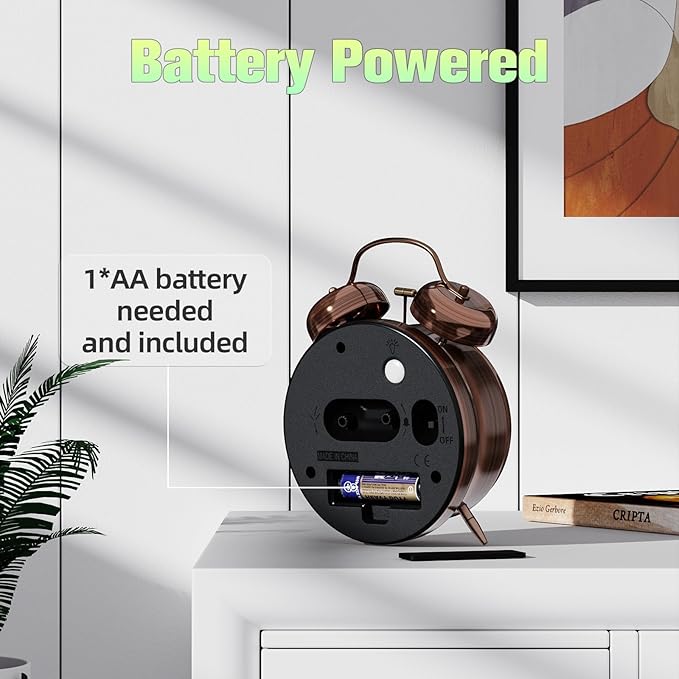 CHEREEKI Loud Alarm Clock for Heavy Sleepers Adults, Silent Non Ticking Analog Clock with Backlight, Luminous Dial, Battery Operated Alarm Clock for Bedroom, Included Battery, Vintage Copper