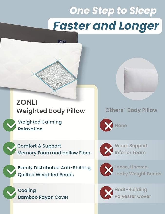 ZonLi Colling Weighted Body Pillow with Bamboo Cover(41" x 10") 6.5lbs, Quilted Glass Beads Body Pillows for Adults Weighted Pillow for Deep Sleepers, Full Body Pillow for Side Sleepers