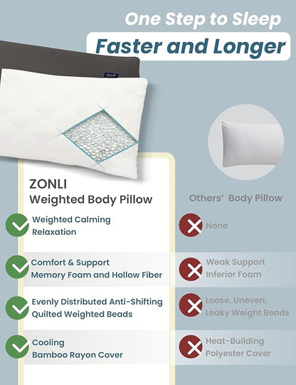 ZonLi Colling Weighted Body Pillow with Bamboo Cover(41" x 10") 6.5lbs, Quilted Glass Beads Body Pillows for Adults Weighted Pillow for Deep Sleepers, Full Body Pillow for Side Sleepers