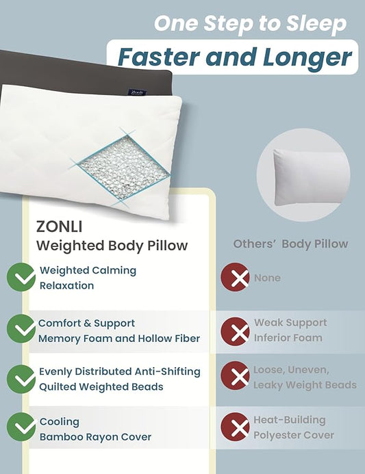 ZonLi Colling Weighted Body Pillow with Bamboo Cover(41" x 10") 6.5lbs, Quilted Glass Beads Body Pillows for Adults Weighted Pillow for Deep Sleepers, Full Body Pillow for Side Sleepers