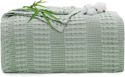 Cooling Waffle Weave Blanket Twin Size for Bed Sofa - Soft Lightweight Bed Blankets of 50% Rayon Derived from Bamboo for Hot Sleepers, Sage Green Breathable Throw for Summer, 60"x80"