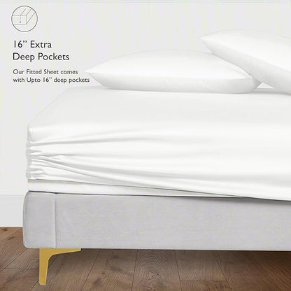 LINENWALAS Fitted Sheet Only Viscose Derived from Bamboo, Bottom Sheet for King Size Bed – 16” Deep Pocket, All Around Snug Fit – Cooling, Breathable, Soft, Hypoallergenic (White, King)
