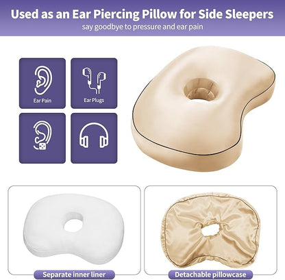 Champagne Ear Piercing Pillow - Side Sleeper Support with 3.5" Ear Hole Relief, Hypoallergenic Orthopedic Pillow for Healing Piercings