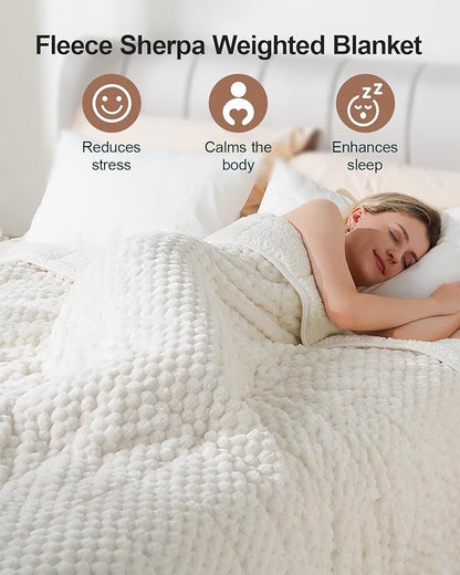 Super Soft Luxury Fleece Sherpa 20 lbs Weighted Blanket for Adults, Turtle Shell Fuzzy Cozy Warm Weighted Throw for Winter, Ceramic Beads Washable Heavy Blankets for Couch Bed, Cream White, 60" x 80"