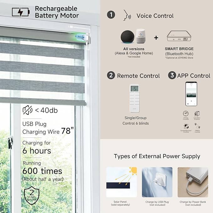 Cordless Motorized Zebra Blinds for Windows Blackout with Remote, Custom Dual Layer Smart Zebra Shades Work with Alexa Google, Automatic Electric Light Filtering Roller Sheer Shades, Grey