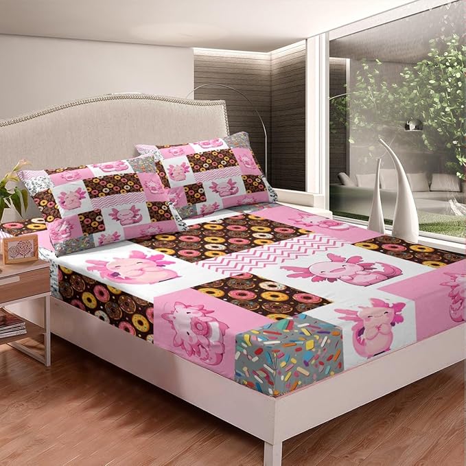 Pink Axolotl Fitted Sheet Twin Size,Sweet Donut Summer Candy Pattern Bedding All-Round Elastic Pocket,Cute Undersea Animal Pink Patchwork Bed Sheet 2 Pieces Fits Mattress(No Flat Sheet)