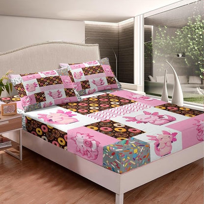 Pink Axolotl Fitted Sheet Queen Size,Sweet Donut Summer Candy Pattern Bedding All-Round Elastic Pocket,Cute Undersea Animal Pink Patchwork Bed Sheet 3 Pieces Fits Mattress(No Flat Sheet)