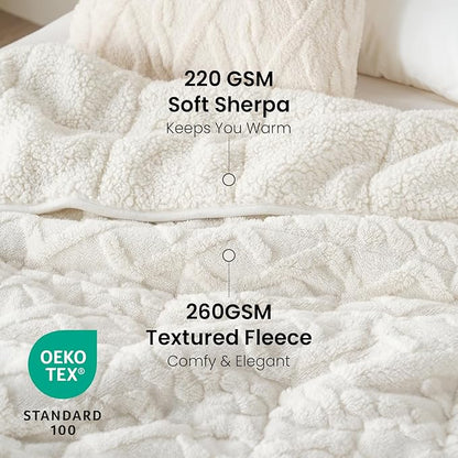Drewin Comfort Weighted Blanket 20lbs, Stylish Jacquard Sherpa Weighted Blankets for Adults, Super Fluffy Cozy Bed Blanket for Sleep Natural and Calming, 60 x 80 inches, Cream White