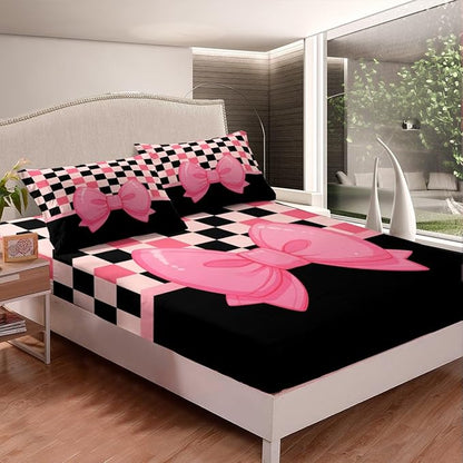 Cartoon Bowknot Bed Sheet Set Kawaii Bow-tie Princess Style Fitted Sheet for Ultra Soft Pink Black Cute Bow Geometric Grids Lines Patchwork Bedding Cover Set Room Decor Queen (No Flat Sheet)