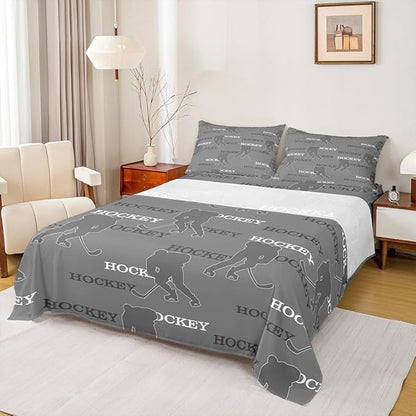 Manfei Hockey Players Kids Sheet Full Size, Bedding Set, Ball Activity Game Kids Room Decor,Gray Sheet(Fitted+Flat+2 Pillowcases)