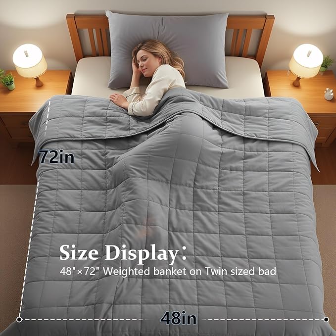 Weighted Blanket for Adults (15 lbs, 48"x 72") Twin Size Heavy Blanket, Breathable Cotton with Natural Glass Beads, Machine Washable