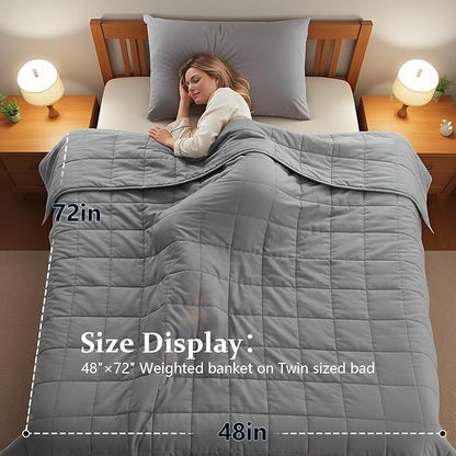 Weighted Blanket for Adults (15 lbs, 48"x 72") Twin Size Heavy Blanket, Breathable Cotton with Natural Glass Beads, Machine Washable