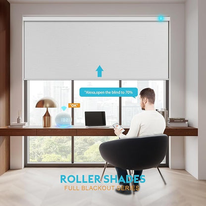 Motorized Blinds with Remote, Smart Blind Roller Shades Compatible with Alexa, Durable Rechargeable Battery Solar Power Electric Window Blinds Motorized Shades Customized Size (Pure White)