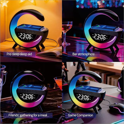 Wireless Charging Table Lamp, Multifunctional Bluetooth Speaker & Alarm Clock - LED Bedside Desk Lamp Night Light for Heavy Sleepers, Superfine Bedroom Home Decoration (Black)